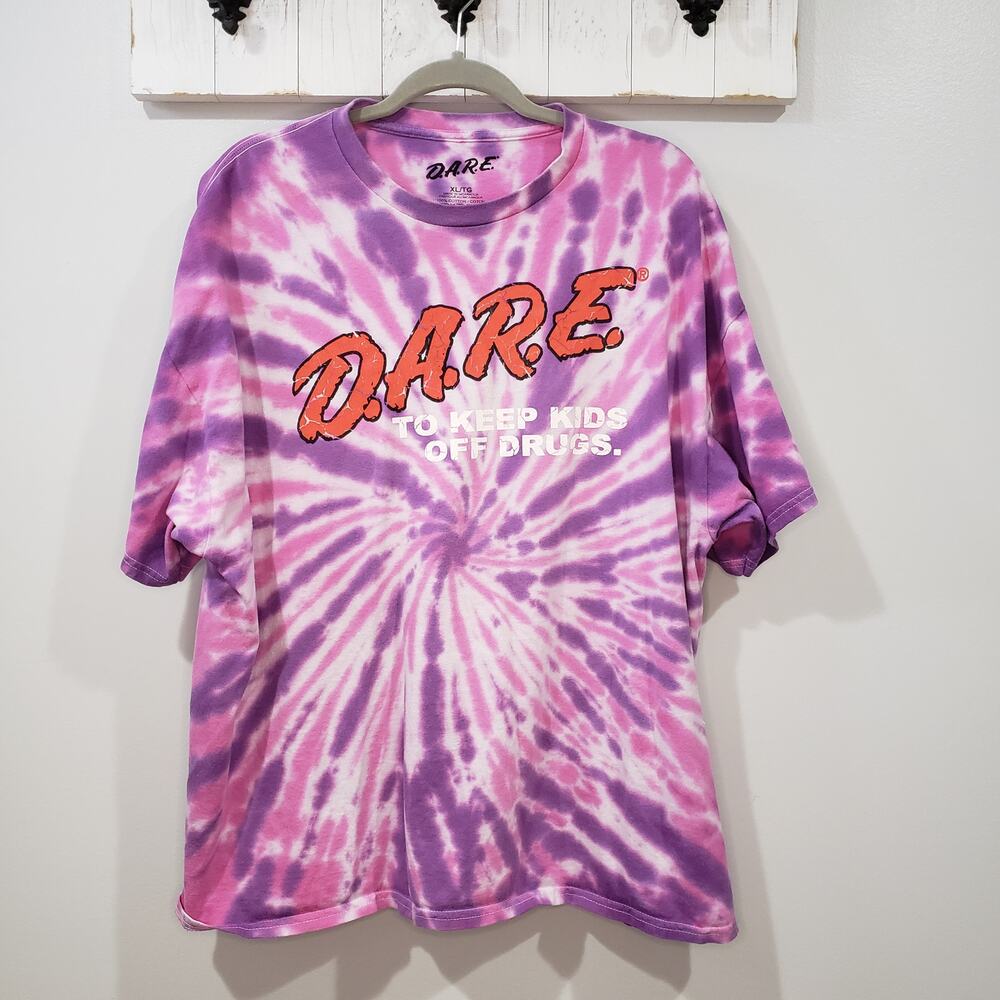 D.A.R.E. Tie Dye Graphic T Shirt XL Purple Pink Keep Kids Off Drugs Tee
